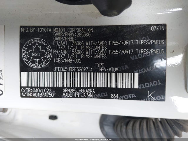 2015 Toyota 4runner Sr5 V6 მანქანა იყიდება აუქციონზე, vin: JTEBU5JR2F5269714, აუქციონის ნომერი: 45853457