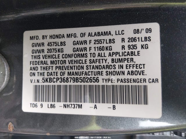 Продажа на аукционе авто 2009 Honda Accord 3.5 Ex-l, vin: 5KBCP36879B502656, номер лота: 45853462