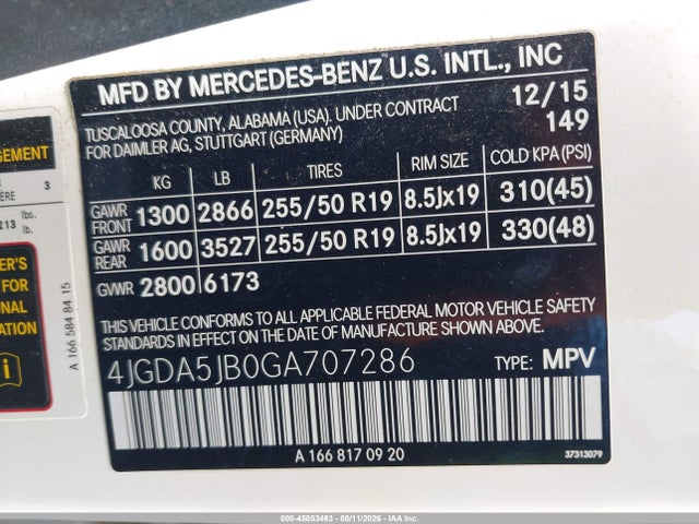 Aukcja sprzedaży 2016 Mercedes-benz Gle 350, vin: 4JGDA5JB0GA707286, numer aukcji: 45853463