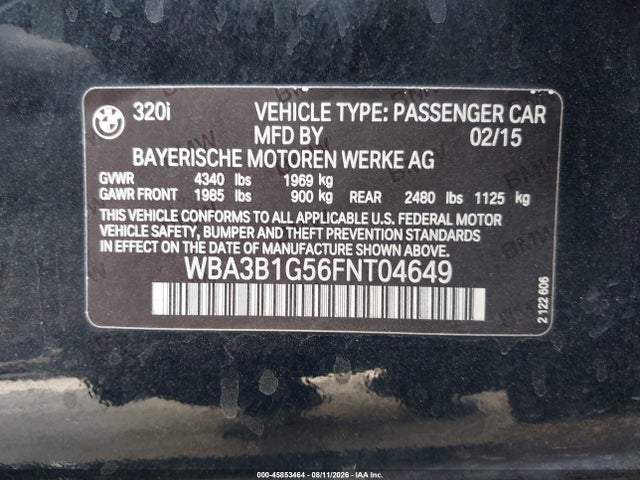 Aukcja sprzedaży 2015 Bmw 320i, vin: WBA3B1G56FNT04649, numer aukcji: 45853464
