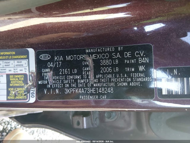 45853465 :رقم المزاد ، 3KPFK4A73HE148248 vin ، 2017 Kia Forte Lx مزاد بيع