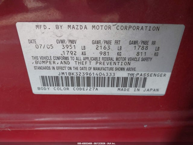2006 Mazda Mazda3 S Grand Touring მანქანა იყიდება აუქციონზე, vin: JM1BK323961404333, აუქციონის ნომერი: 45853469