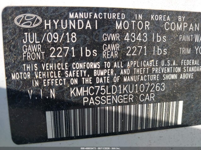 Aukcja sprzedaży 2019 Hyundai Ioniq Plug-in Hybrid Limited, vin: KMHC75LD1KU107263, numer aukcji: 45853473
