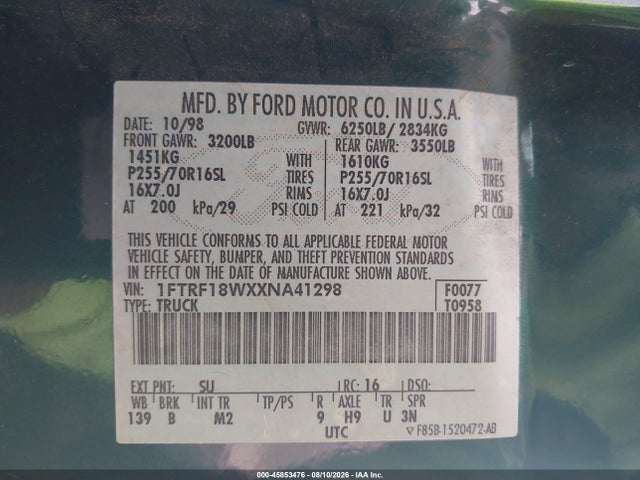 45853476 :رقم المزاد ، 1FTRF18WXXNA41298 vin ، 1999 Ford F-150 Lariat/work Series/xl/xlt مزاد بيع