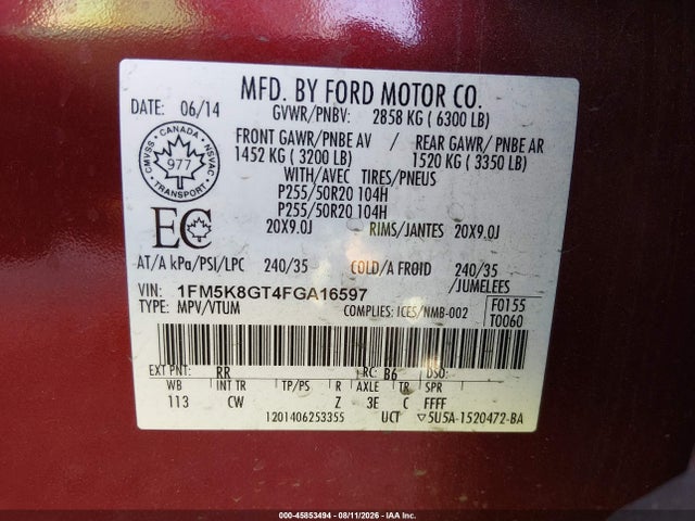 Ford EXPLORER SPORT 2015 1FM5K8GT4FGA16597 Image 9