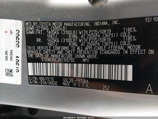 2011 Toyota Sienna Se მანქანა იყიდება აუქციონზე, vin: 5TDXK3DC3BS105792, აუქციონის ნომერი: 45853515