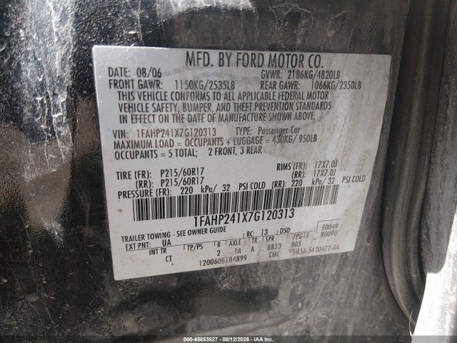 45853527 :رقم المزاد ، 1FAHP241X7G120313 vin ، 2007 Ford Five Hundred Sel مزاد بيع