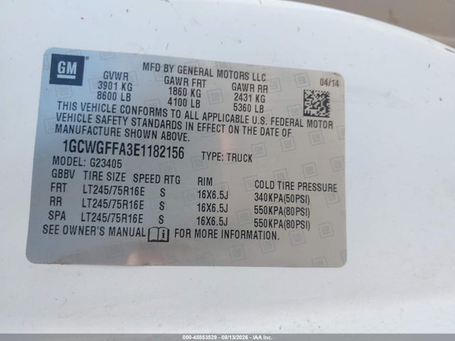 45853529 :رقم المزاد ، 1GCWGFFA3E1182156 vin ، 2014 Chevrolet Express 2500 Work Van مزاد بيع