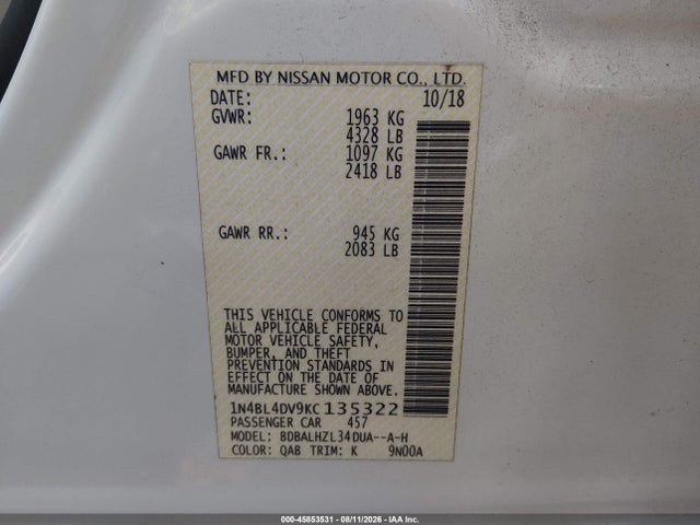 Aukcja sprzedaży 2019 Nissan Altima 2.5 Sv, vin: 1N4BL4DV9KC135322, numer aukcji: 45853531