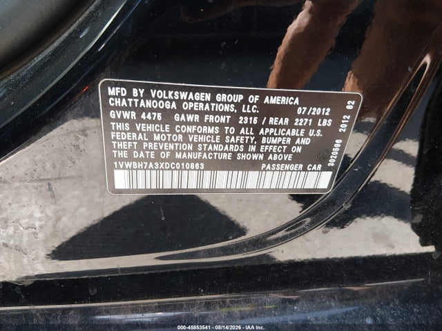 2013 Volkswagen Passat 2.5l Se მანქანა იყიდება აუქციონზე, vin: 1VWBH7A3XDC010863, აუქციონის ნომერი: 45853541