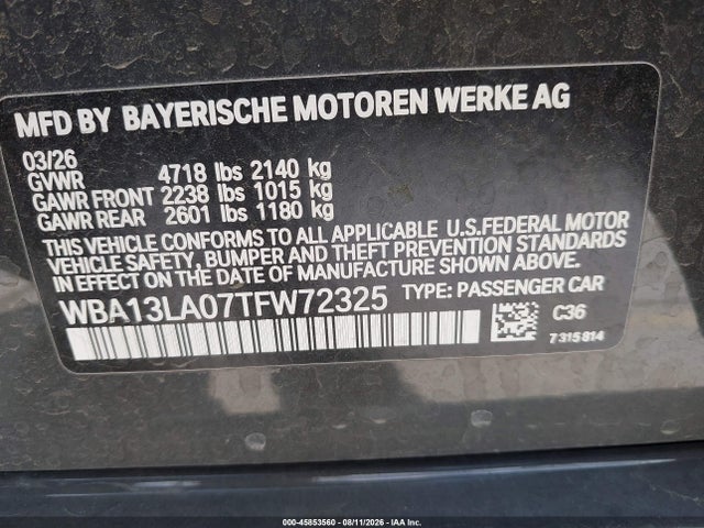 45853560 :رقم المزاد ، WBA13LA07TFW72325 vin ، 2026 Bmw 330i مزاد بيع