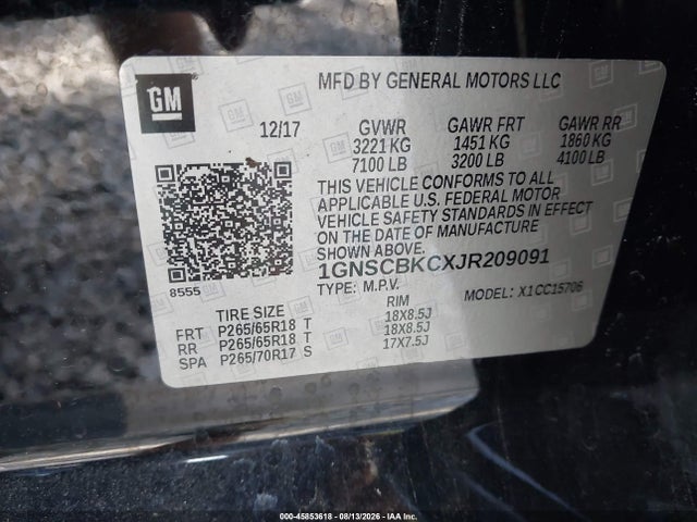 Aukcja sprzedaży 2018 Chevrolet Tahoe Lt, vin: 1GNSCBKCXJR209091, numer aukcji: 45853618