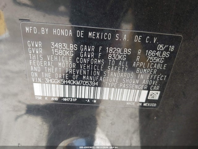3HGGK5H40KM705394 Honda FIT LX