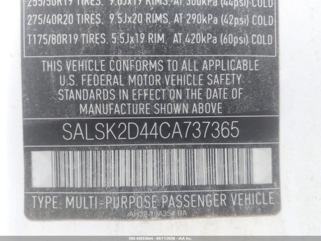 45853644 :رقم المزاد ، SALSK2D44CA737365 vin ، 2012 Land Rover Range Rover Sport Hse مزاد بيع
