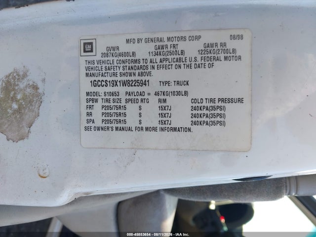 Aukcja sprzedaży 1998 Chevrolet S-10 Ls, vin: 1GCCS19X1W8225941, numer aukcji: 45853654