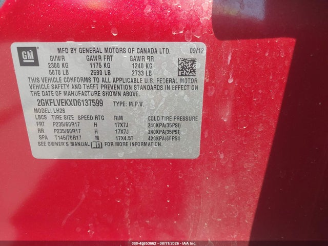 45853662 :رقم المزاد ، 2GKFLVEKXD6137599 vin ، 2013 Gmc Terrain Slt-1 مزاد بيع
