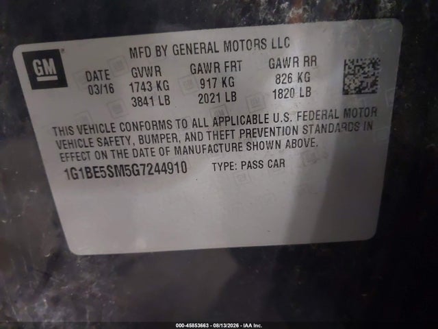 Aukcja sprzedaży 2016 Chevrolet Cruze Lt Auto, vin: 1G1BE5SM5G7244910, numer aukcji: 45853663