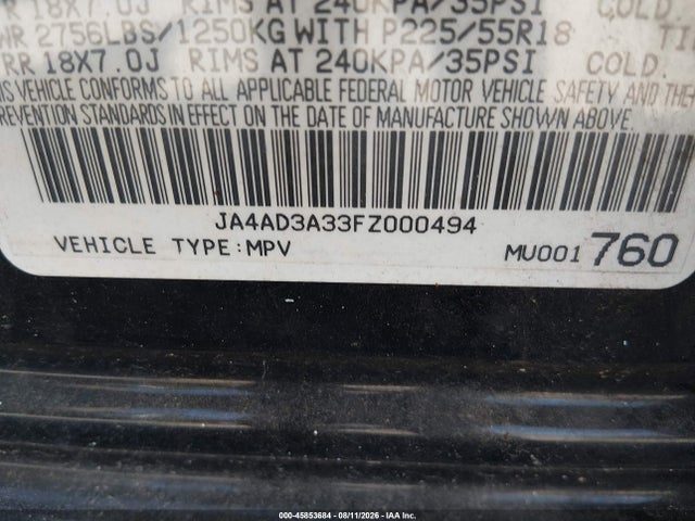 45853684 :رقم المزاد ، JA4AD3A33FZ000494 vin ، 2015 Mitsubishi Outlander Se مزاد بيع