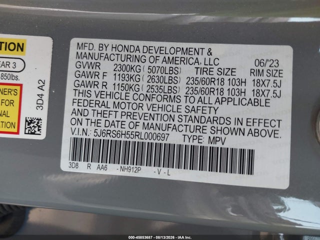 45853687 :رقم المزاد ، 5J6RS6H55RL000697 vin ، 2024 Honda Cr-v Hybrid Sport مزاد بيع