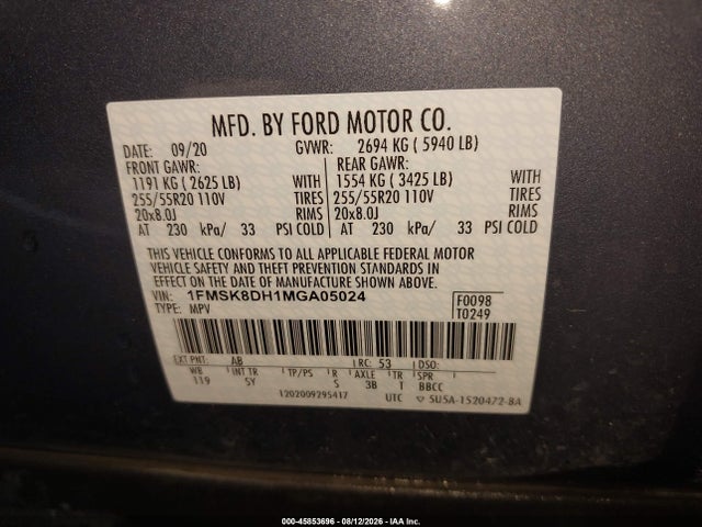 Продаж на аукціоні авто 2021 Ford Explorer Xlt, vin: 1FMSK8DH1MGA05024, номер лоту: 45853696