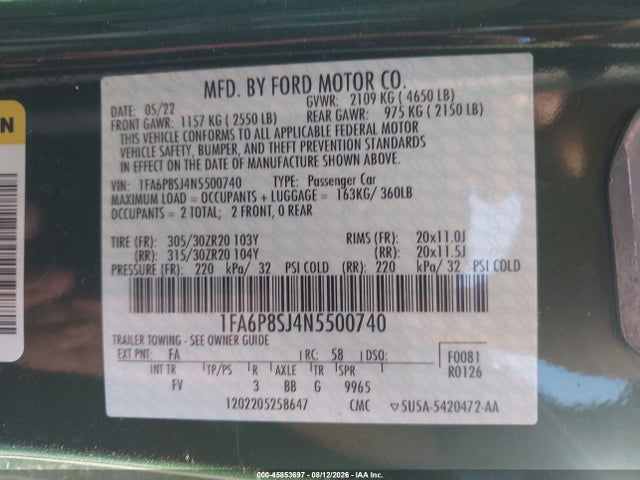 45853697 :رقم المزاد ، 1FA6P8SJ4N5500740 vin ، 2022 Ford Mustang Shelby Gt500 Fastback مزاد بيع