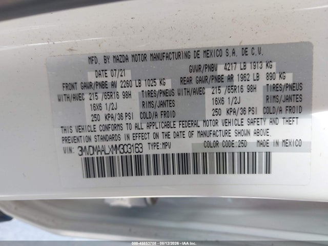 45853708 :رقم المزاد ، 3MVDMAALXMM303163 vin ، 2021 Mazda Cx-30 2.5 S مزاد بيع