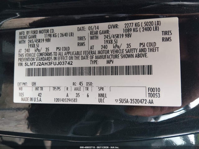 45853715 :رقم المزاد ، 5LMTJ2AH3FUJ03742 vin ، 2015 Lincoln Mkc مزاد بيع