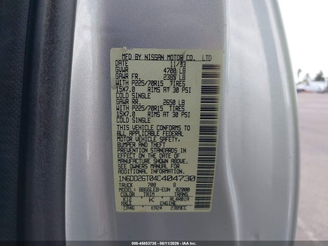 45853735 :رقم المزاد ، 1N6DD26T04C404730 vin ، 2004 Nissan Frontier Xe مزاد بيع