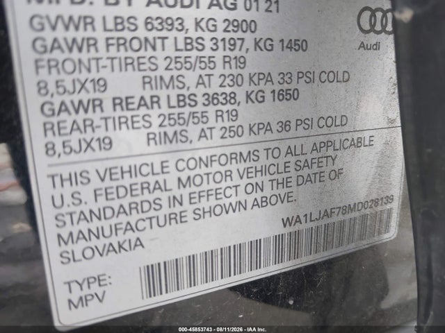 45853743 :رقم المزاد ، WA1LJAF78MD028139 vin ، 2021 Audi Q7 Premium Plus 45 Tfsi Quattro Tiptronic مزاد بيع