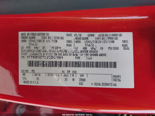 45853750 :رقم المزاد ، 1FT8W3CT2JEB61561 vin ، 2018 Ford F-350 Xlt مزاد بيع