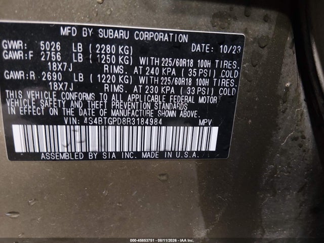 Aukcja sprzedaży 2024 Subaru Outback Touring Xt, vin: 4S4BTGPD8R3184984, numer aukcji: 45853751