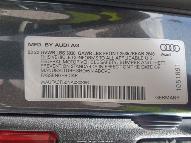 Продаж на аукціоні авто 2022 Audi A5 Sportback Premium Plus 45 Tfsi S Line Quattro S Tronic, vin: WAUFACF50NA030366, номер лоту: 45853759