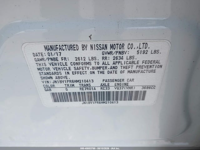 45853769 :رقم المزاد ، JN1BY1PR6HM210413 vin ، 2017 Infiniti Q70l 3.7x مزاد بيع