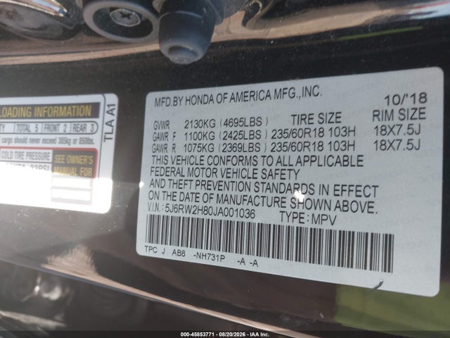 Aukcja sprzedaży 2018 Honda Cr-v Ex-l/ex-l Navi, vin: 5J6RW2H80JA001036, numer aukcji: 45853771