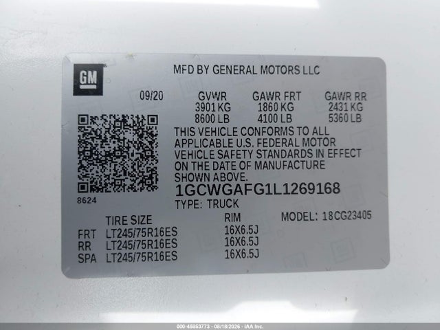 Продажа на аукционе авто 2020 Chevrolet Express Cargo Rwd 2500 Regular Wheelbase Wt, vin: 1GCWGAFG1L1269168, номер лота: 45853773
