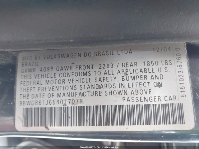 2005 Volkswagen Golf Gls Tdi მანქანა იყიდება აუქციონზე, vin: 9BWGR61J654017079, აუქციონის ნომერი: 45853777