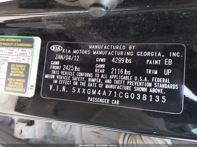 2012 Kia Optima Lx მანქანა იყიდება აუქციონზე, vin: 5XXGM4A71CG038135, აუქციონის ნომერი: 45853780