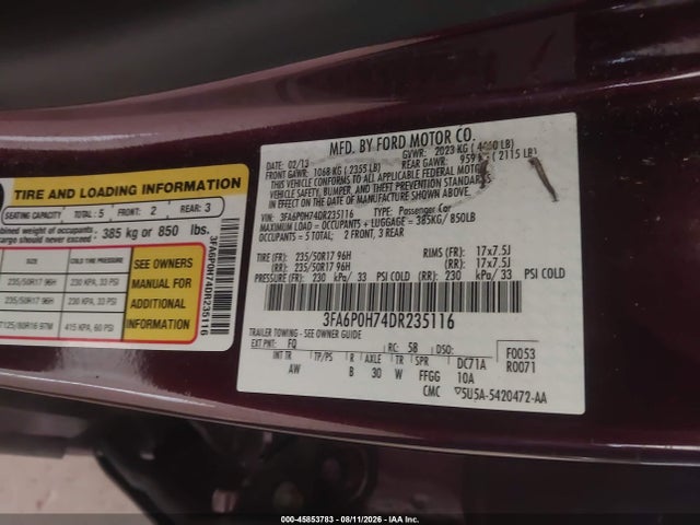 Aukcja sprzedaży 2013 Ford Fusion Se, vin: 3FA6P0H74DR235116, numer aukcji: 45853783