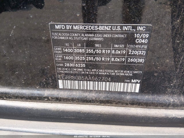 2010 Mercedes-benz Ml 350 4matic მანქანა იყიდება აუქციონზე, vin: 4JGBB8GB5AA562704, აუქციონის ნომერი: 45853792
