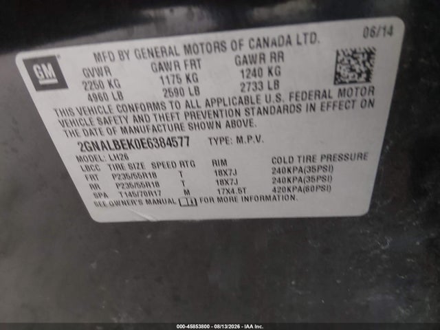 45853800 :رقم المزاد ، 2GNALBEK0E6384577 vin ، 2014 Chevrolet Equinox Lt مزاد بيع