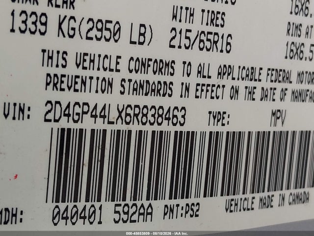 Продажа на аукционе авто 2006 Dodge Grand Caravan Sxt, vin: 2D4GP44LX6R838463, номер лота: 45853809