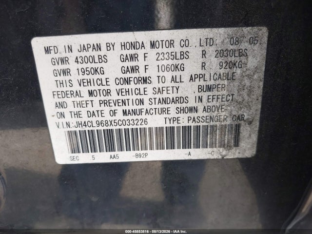 45853816 :رقم المزاد ، JH4CL968X5C033226 vin ، 2005 Acura Tsx مزاد بيع