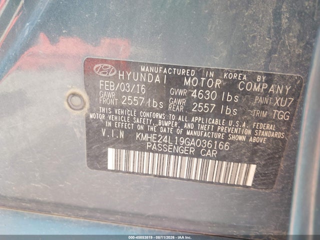 Aukcja sprzedaży 2016 Hyundai Sonata Hybrid Se, vin: KMHE24L19GA036166, numer aukcji: 45853819