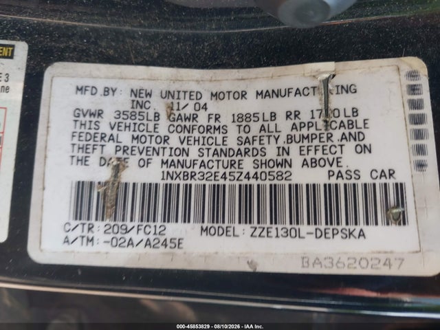 45853829 :رقم المزاد ، 1NXBR32E45Z440582 vin ، 2005 Toyota Corolla S مزاد بيع