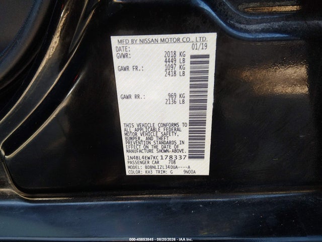 Aukcja sprzedaży 2019 Nissan Altima 2.5 Sl, vin: 1N4BL4EW7KC178337, numer aukcji: 45853845