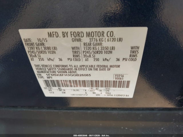 Продажа на аукционе авто 2016 Ford Explorer Limited, vin: 1FM5K8FH3GGB26085, номер лота: 45853846