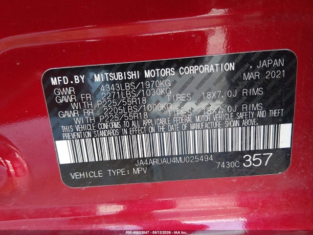 45853847 :رقم المزاد ، JA4ARUAU4MU025494 vin ، 2021 Mitsubishi Outlander Sport 2.0 Be Awc/2.0 Es Awc/2.0 Le Awc/2.0 Se Awc مزاد بيع