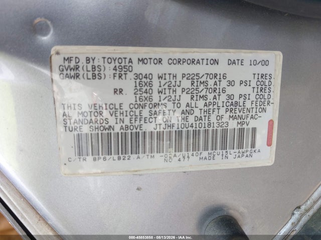 45853858 :رقم المزاد ، JTJHF10U410181323 vin ، 2001 Lexus Rx 300 مزاد بيع