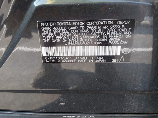 45853861 :رقم المزاد ، JTHBJ46G482161046 vin ، 2008 Lexus Es 350 مزاد بيع
