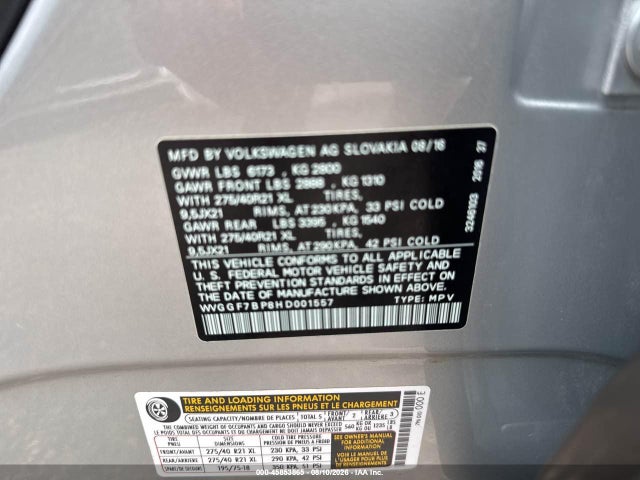 Продаж на аукціоні авто 2017 Volkswagen Touareg V6 Executive, vin: WVGGF7BP8HD001557, номер лоту: 45853865